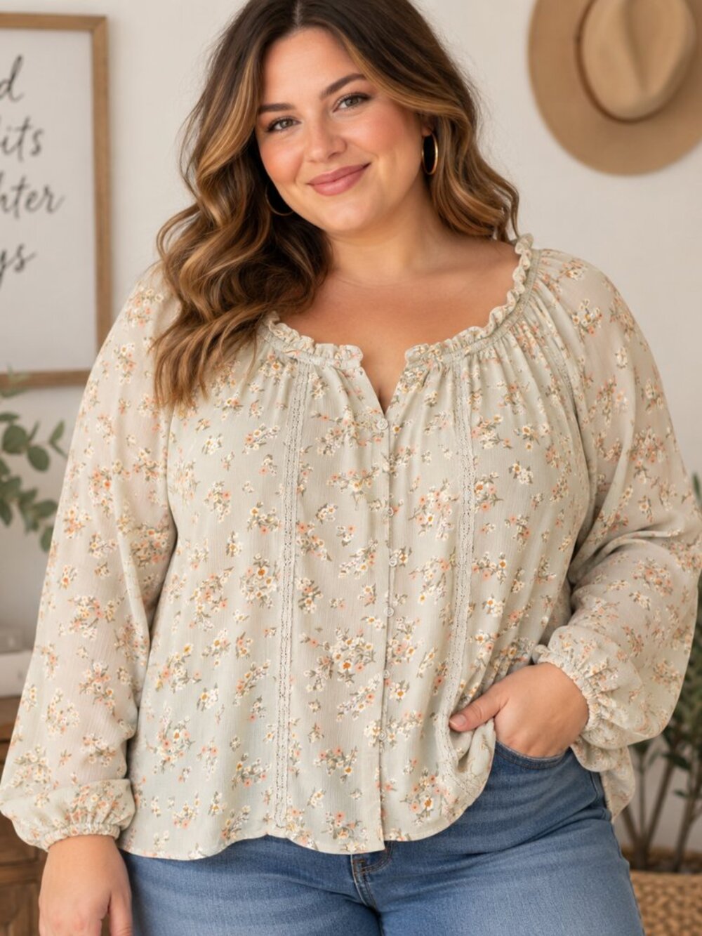 No Boundaries 3X Floral Peasant Boho Long Sleeve Ruffle Neck Top